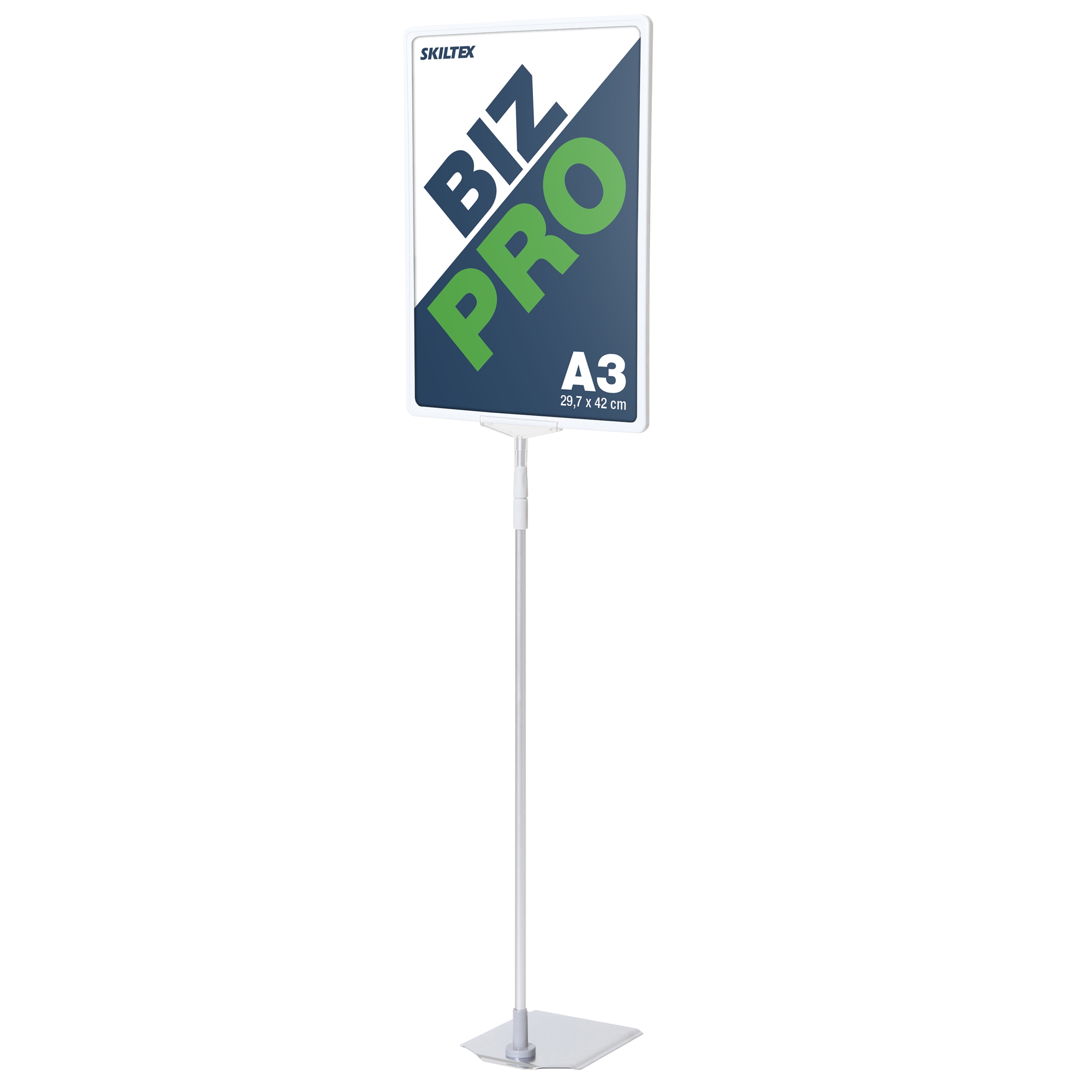 Biz Pro XL weißer Schildhalter mit Chrom-Metallfuß - A3