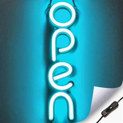 "OPEN" LED Neonschild - Eisblau - Vertikale