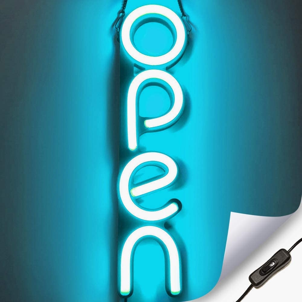 "OPEN" LED Neonschild - Eisblau - Vertikale