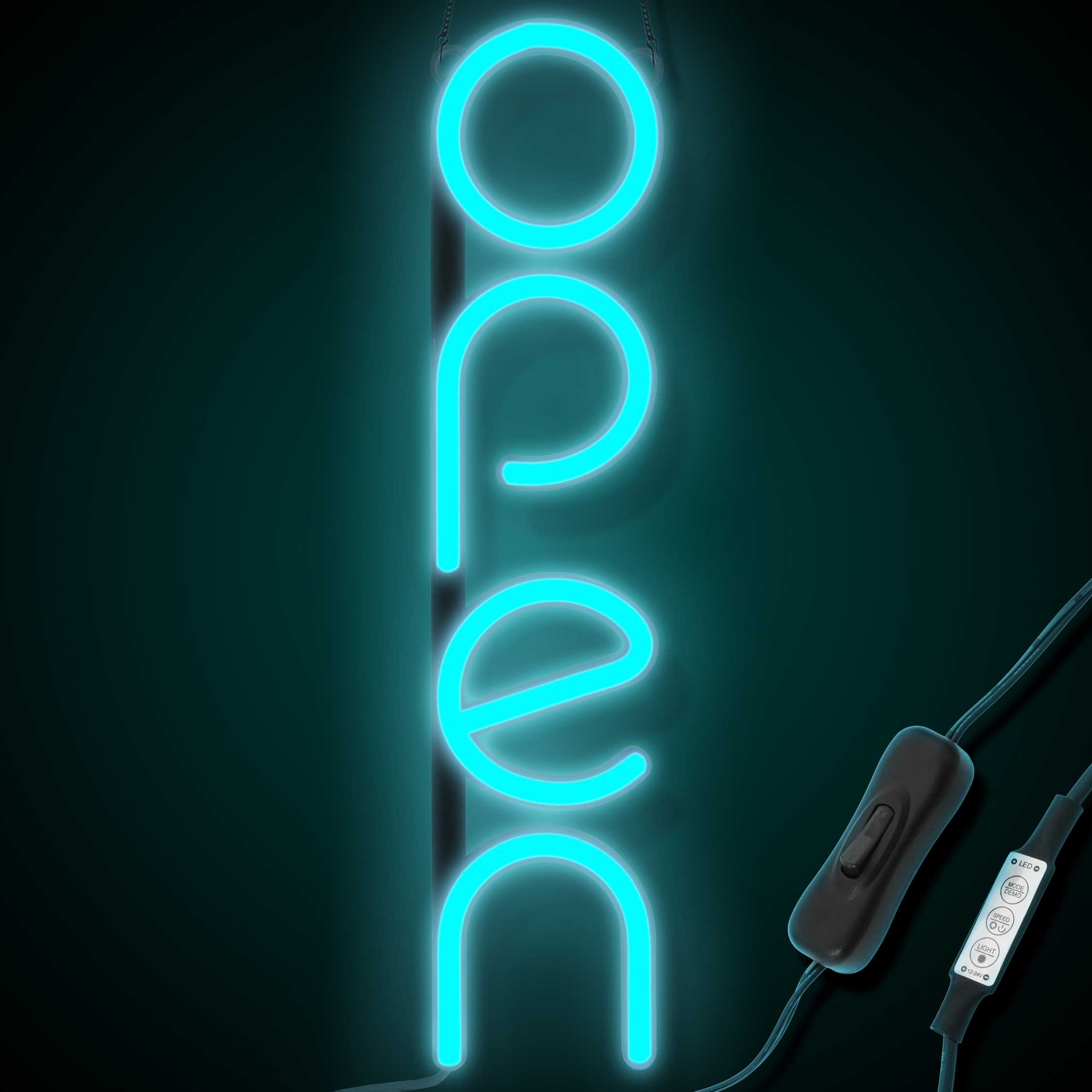 "OPEN" LED Neonschild - Eisblau - Vertikale